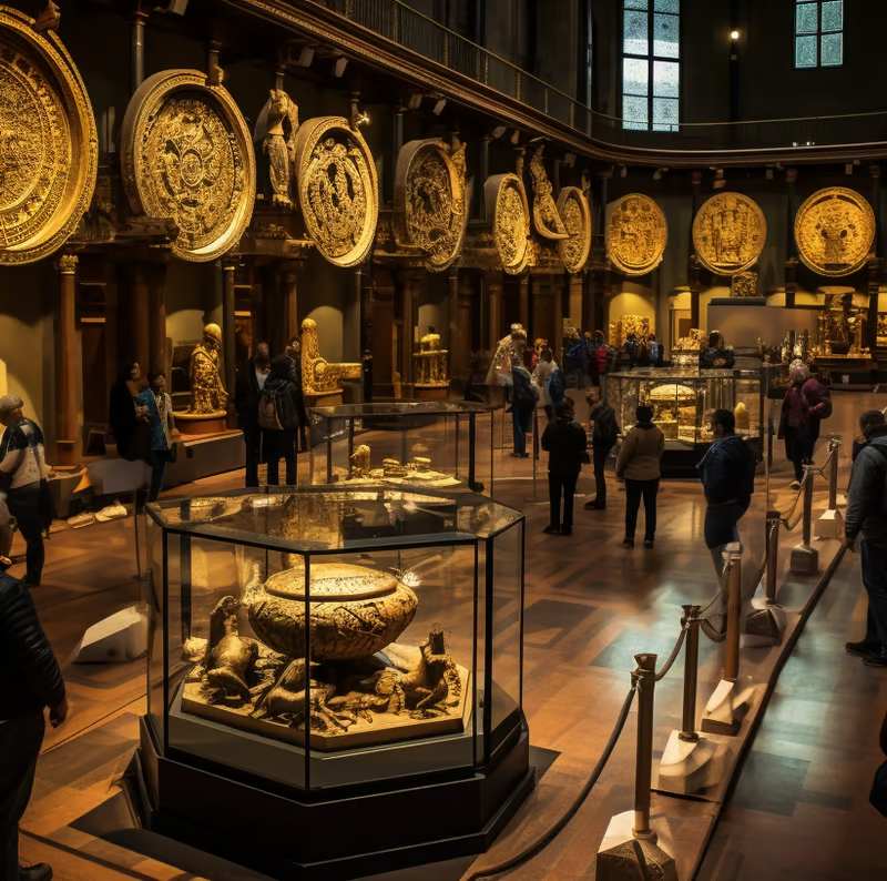 A museum of gold and silverware with a large display case A museum of gold and silverware with a large display case