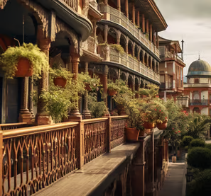 A narrow alley with a wooden balcony railing and a clock tower A narrow alley with a wooden balcony railing and a clock tower