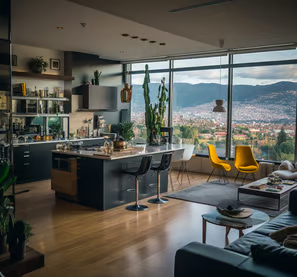 A narrow alley with a wooden balcony railing and a clock tower A narrow alley with a wooden balcony railing and a clock tower