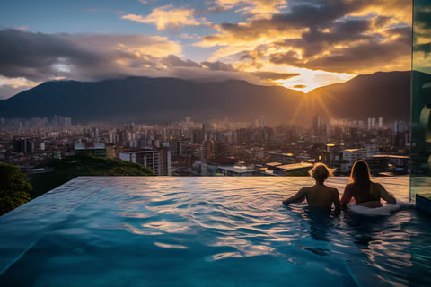 Two people in a swimming pool with a view of the city Two people in a swimming pool with a view of the city