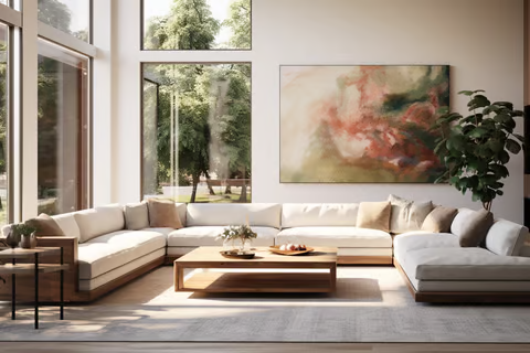 A living room with a couch and a painting A living room with a couch and a painting