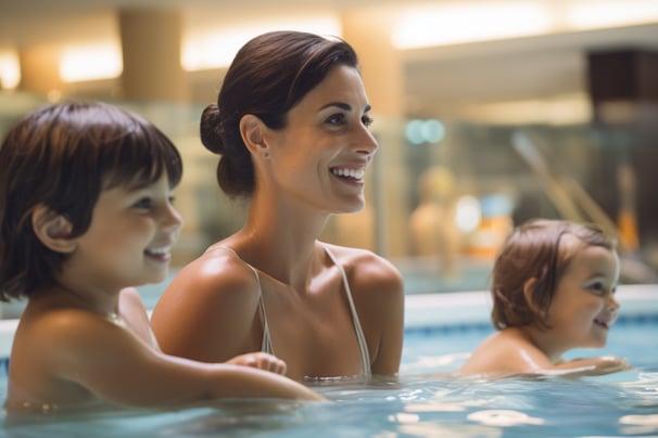 A mother and her young children playing in the indoor pool of a Holiday Club Spa Hotel A mother and her young children playing in the indoor pool of a Holiday Club Spa Hotel