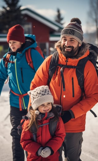 A father and daughter setting out for a day of skiing close to their Holiday Club spa hotel A father and daughter setting out for a day of skiing close to their Holiday Club spa hotel