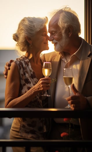 An old married couple sharing wine and a romantic moment on the balcony of their spa hotel An old married couple sharing wine and a romantic moment on the balcony of their spa hotel