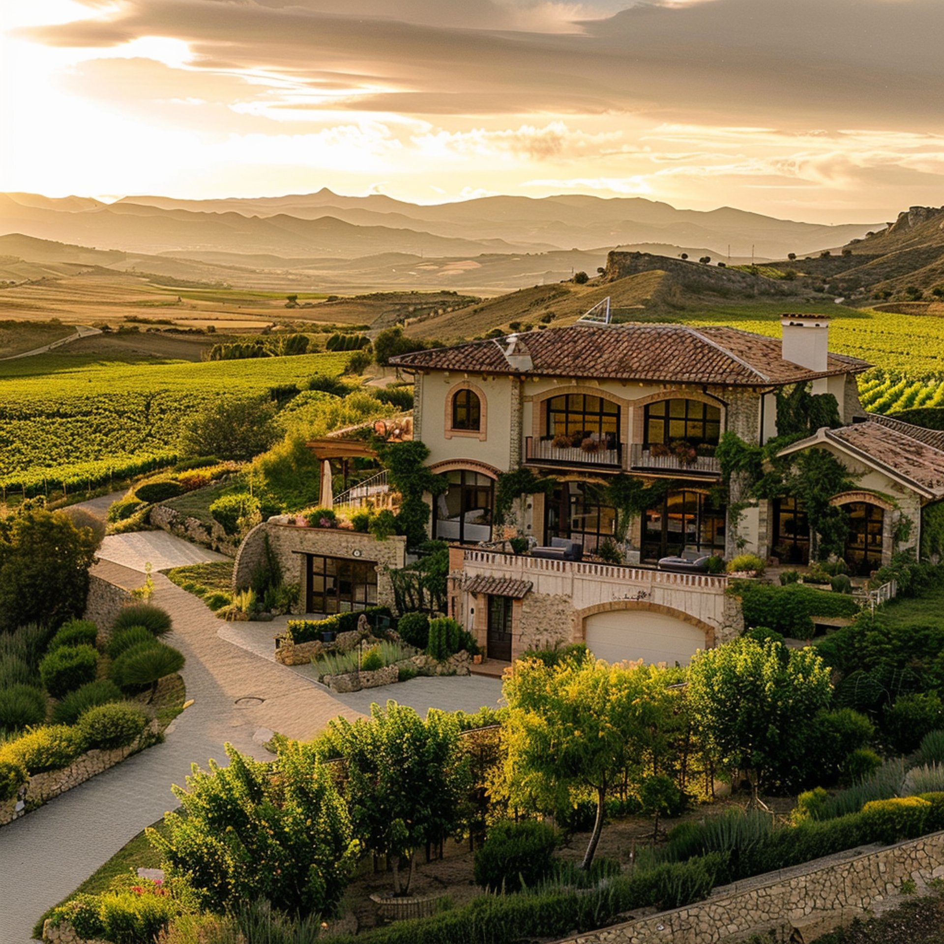 A stunning home surrounded by lush vineyards, perfect for a luxurious wine country retreat.