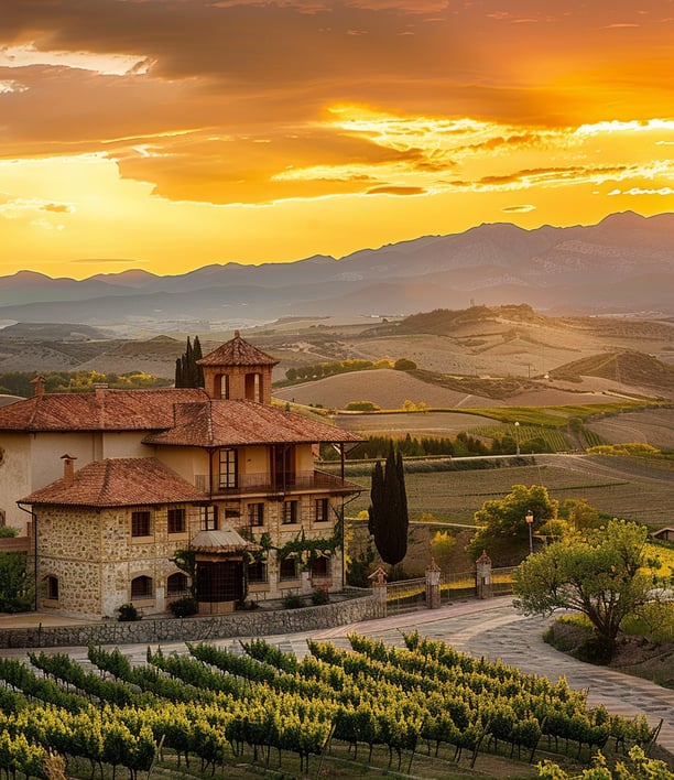 Stunning Italian vineyard sunset, with colorful sky and peaceful ambiance