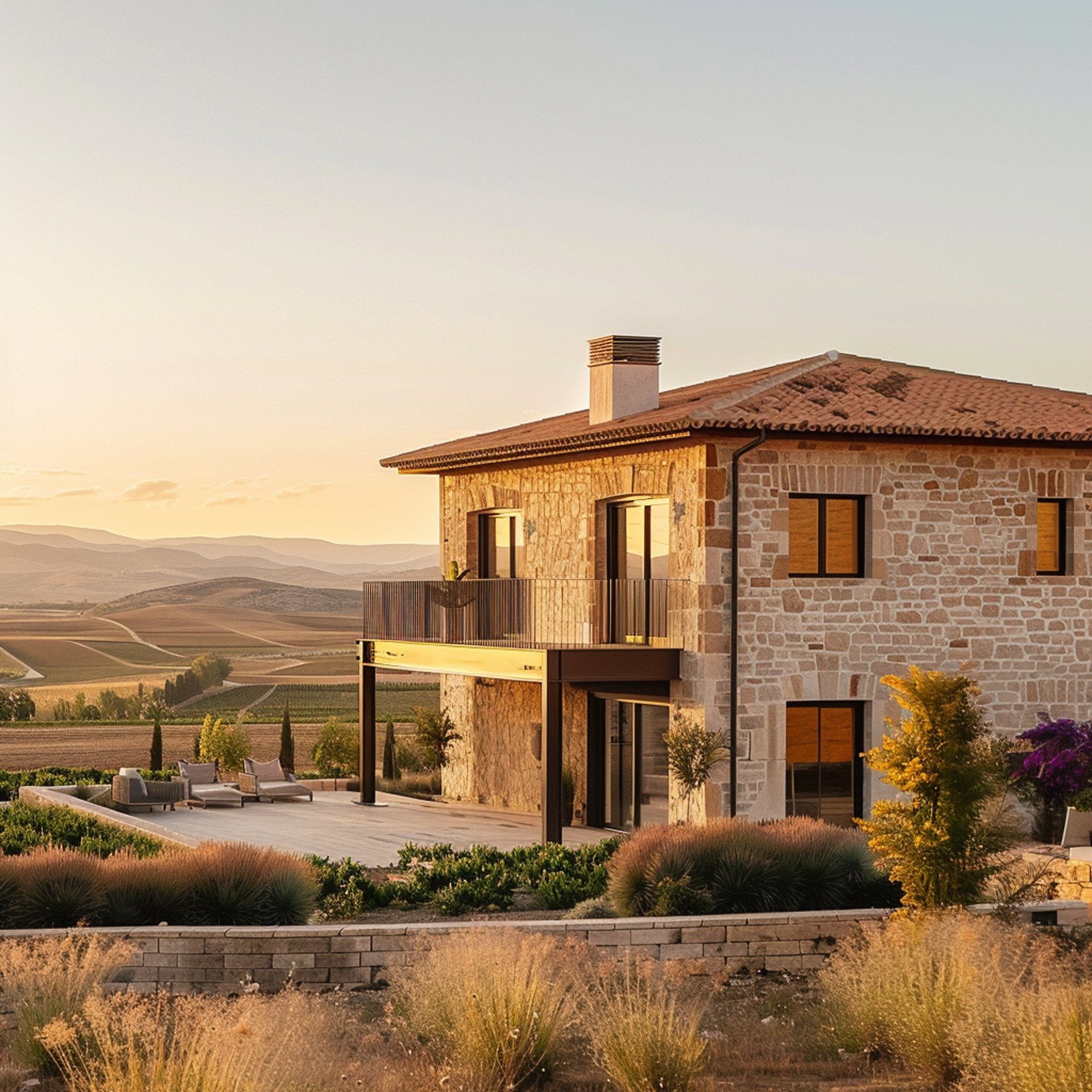 A charming stone house overlooking majestic mountains, perfect for a luxurious wine country retreat.