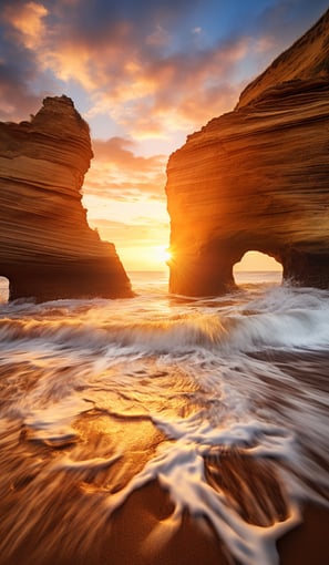 a sunset scene of a rock formation in the ocean