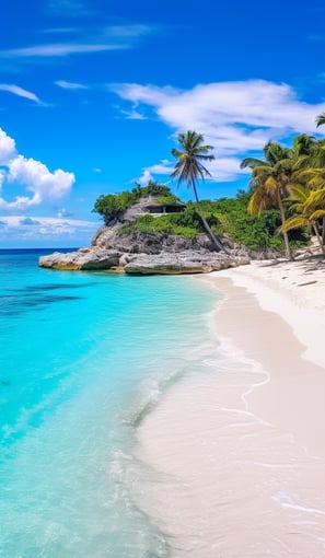 palm trees lined along the sand beside turquoise waters