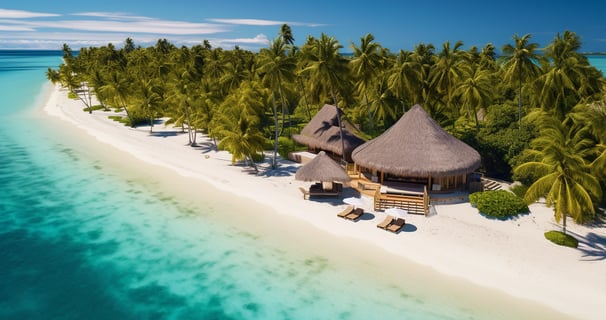 a beachfront cottage with a thatched roof and palm trees a beachfront cottage with a thatched roof and palm trees