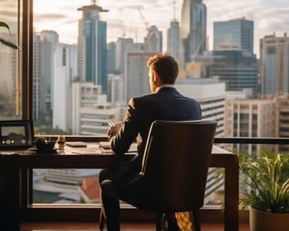 a man in a suit sitting at a desk