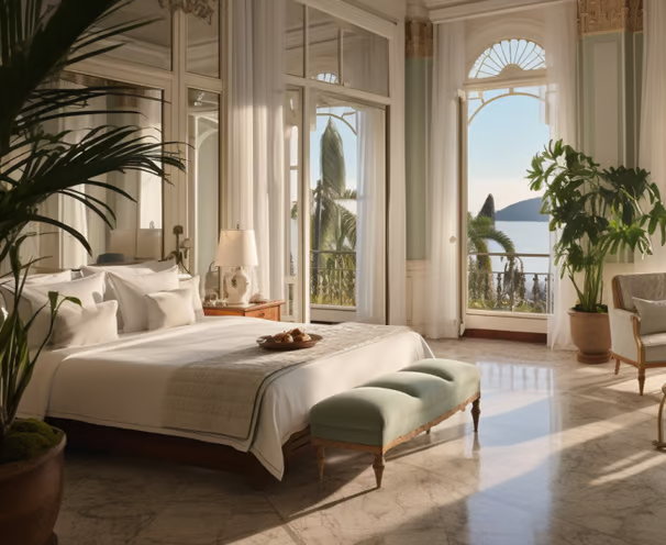 a bedroom with a large bed and a balcony at the Palacio Tangara in Sao Paulo a bedroom with a large bed and a balcony at the Palacio Tangara in Sao Paulo