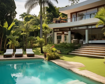 a large house with lounge chairs and a pool