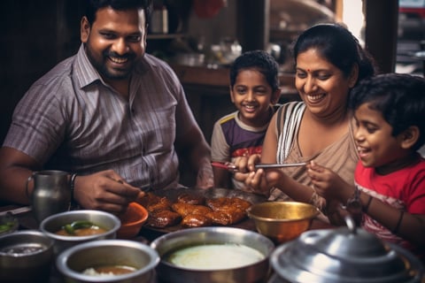 A family of four enjoying a meal at a restaurant, smiling and chatting while eating together. A family of four enjoying a meal at a restaurant, smiling and chatting while eating together.