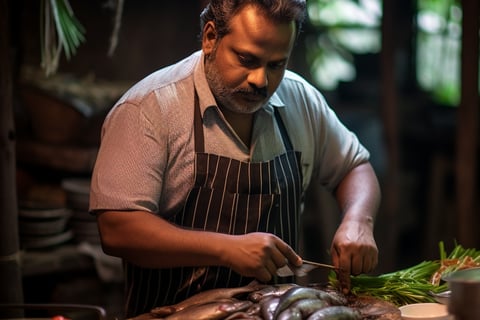 A man in an apron chopping vegetables on a cutting board in a kitchen. A man in an apron chopping vegetables on a cutting board in a kitchen.
