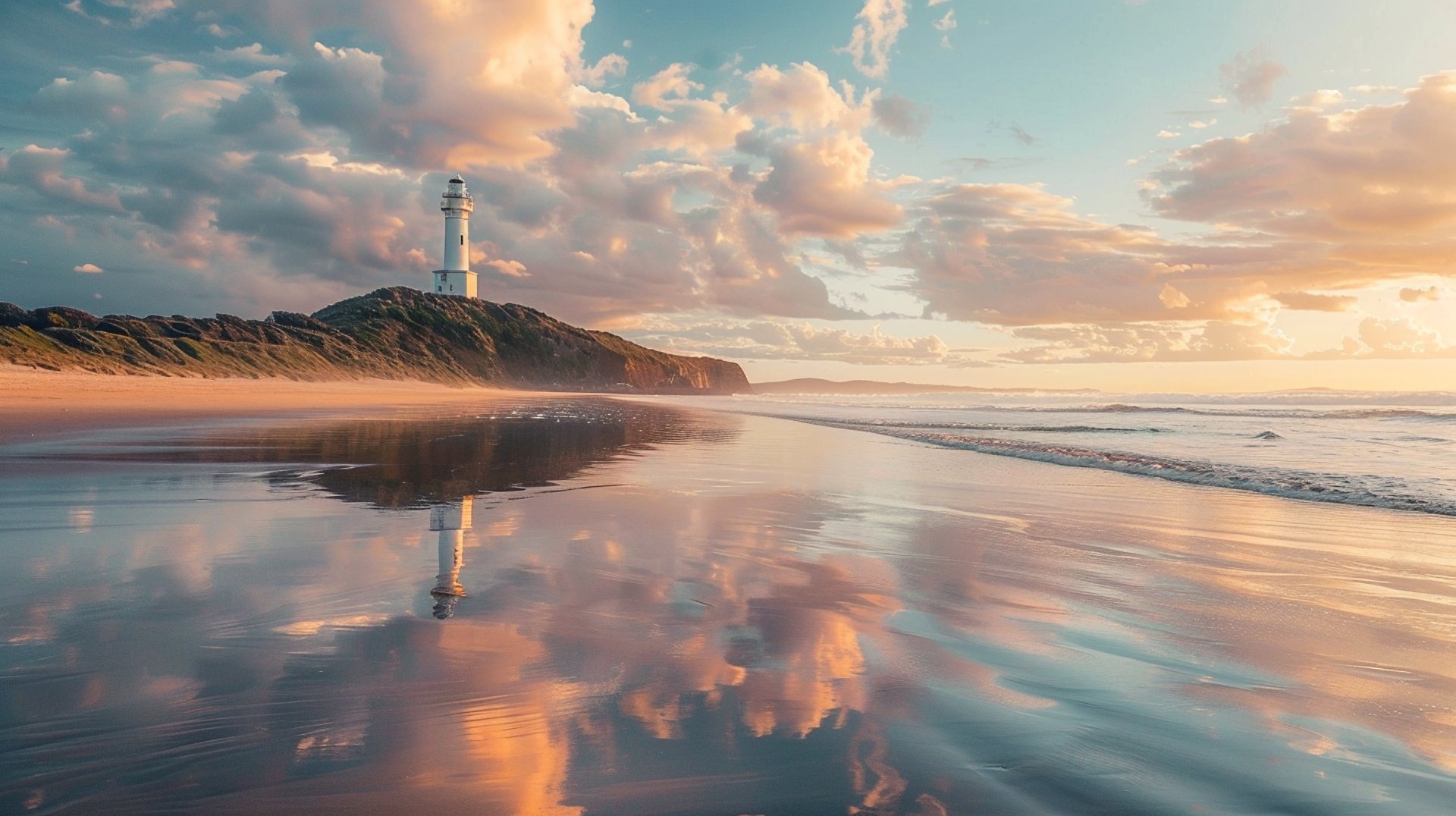 A lighthouse reflecting in the water at sunset.