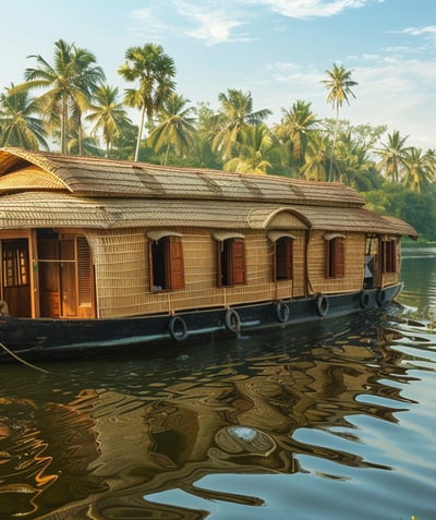 Houseboat on a river with a thatched roof and lush surroundings. Houseboat on a river with a thatched roof and lush surroundings.
