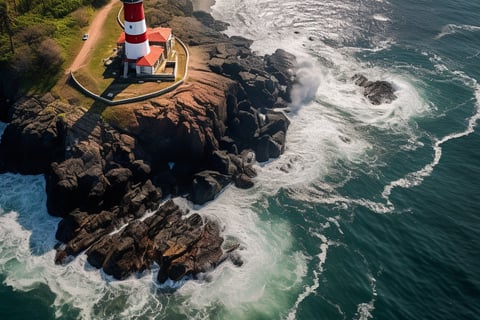 Aerial view of lighthouse on rocky island surrounded by ocean waves. Aerial view of lighthouse on rocky island surrounded by ocean waves.
