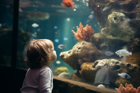 A young girl observing colorful fish in an aquarium. A young girl observing colorful fish in an aquarium.