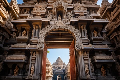 Entrance to Hindu temple in India, adorned with intricate carvings and colorful decorations. Entrance to Hindu temple in India, adorned with intricate carvings and colorful decorations.