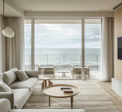 Hotel room with sea view and minimalistic design. Hotel room with sea view and minimalistic design.