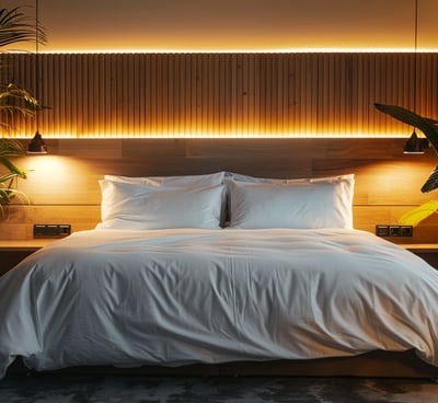 Elegant hotel room with large bed and ambient lighting. Elegant hotel room with large bed and ambient lighting.