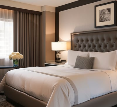 Bright hotel bedroom with cozy bedding and wall lamps. Bright hotel bedroom with cozy bedding and wall lamps.