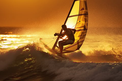 A man gracefully windsurfing on a wave during sunset, showcasing his skills on the water. A man gracefully windsurfing on a wave during sunset, showcasing his skills on the water.