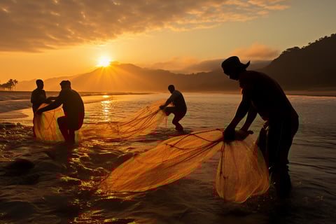 Fishermen on boat in the ocean at sunset. Fishermen on boat in the ocean at sunset.