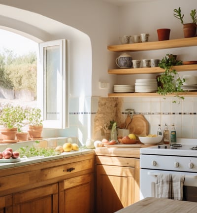the kitchen in a rental home in Greece