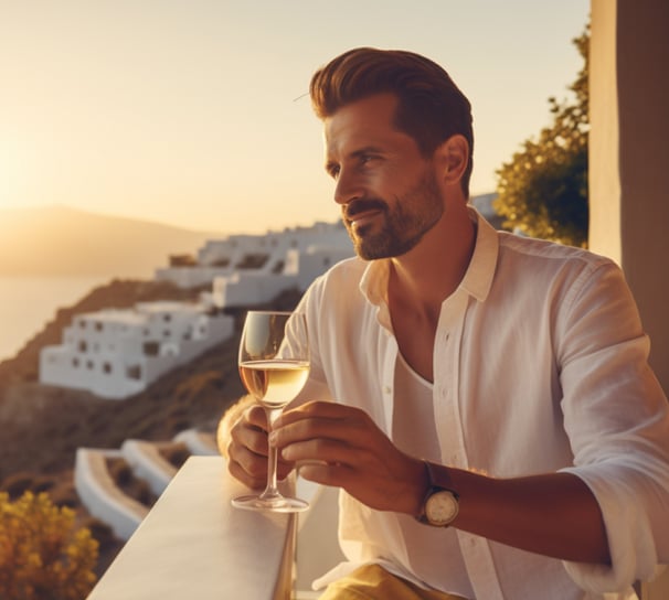 a man with a glass of wine on a villa balcony