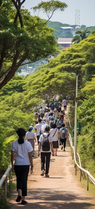 A group of people walking down a path with backpacks A group of people walking down a path with backpacks