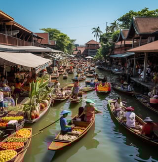 A group of people in boats on a river A group of people in boats on a river