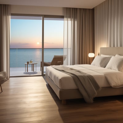 a hotel bed with sunset view