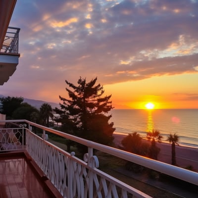 a hotel corridor with sunset view