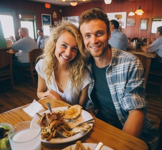 Couple enjoying classic Southern cuisine at a cozy Arkansas eatery Couple enjoying classic Southern cuisine at a cozy Arkansas eatery