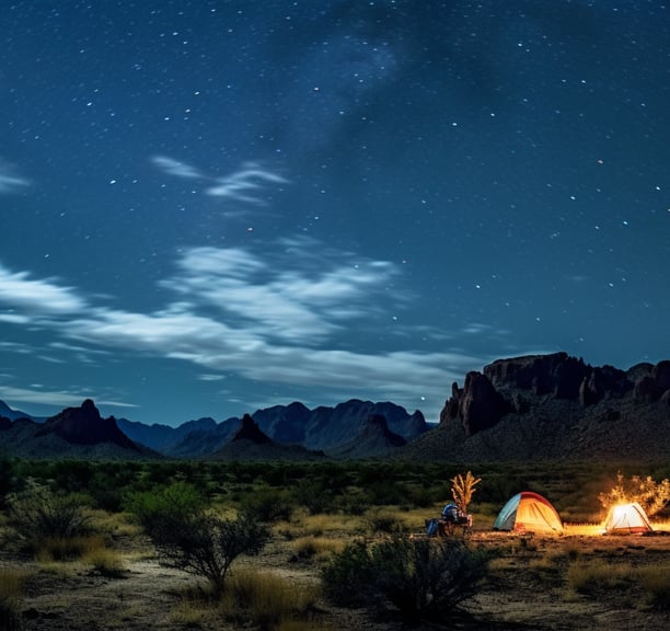a tent pitched up in the desert with a campfire at Big Bend National Park, Texas