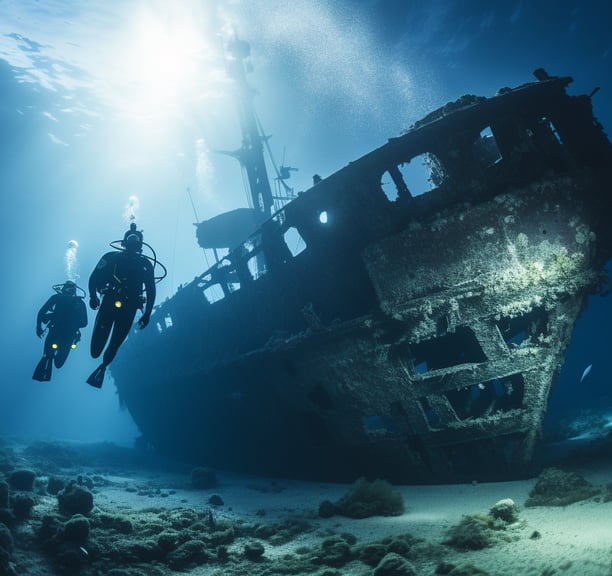 two divers in scuba gear in Grand Cayman's Kittiwake shipwreck at night