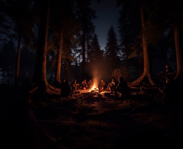 a group of people sitting around a campfire