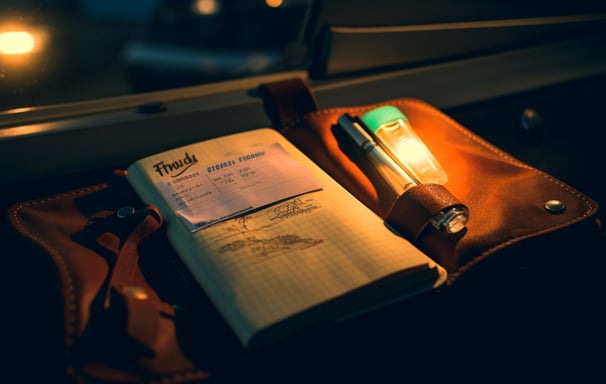 A notebook, pen, and lighter arranged neatly on a wooden table