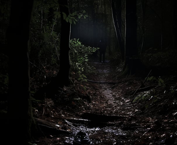 A person walking through dark woods at night, illuminated by a faint moonlight