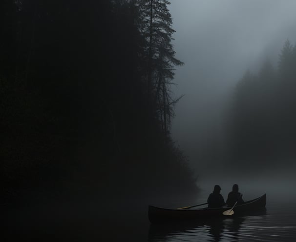 two people in canoes on a misty day
