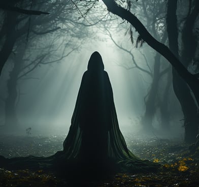 A mysterious figure in a hooded cloak standing among trees in a forest