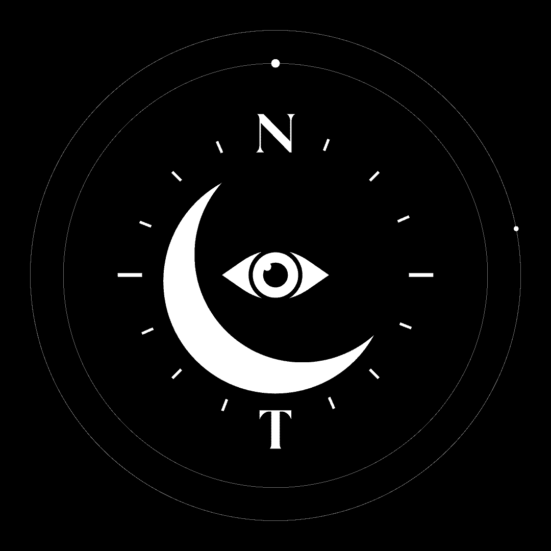 Monochrome logo featuring a crescent moon and an eye