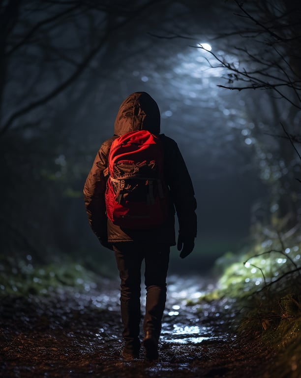 A man with a backpack walking through a dark forest at night