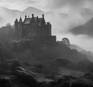 a castle in the mountains with a castle in the background