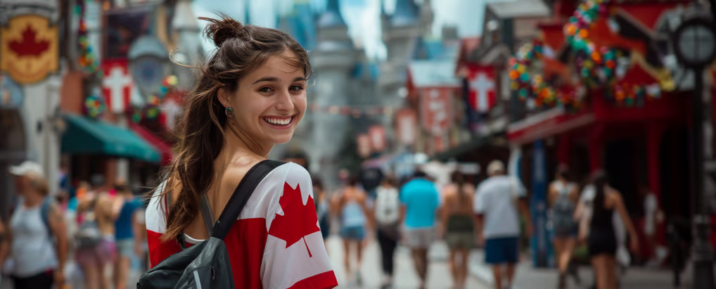 Joyful exploration with a Canadian twist in a bustling theme park.