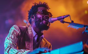 Groove in the limelight: an artist ignites the stage with soulful melodies. Groove in the limelight: an artist ignites the stage with soulful melodies.