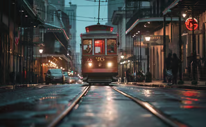 Twilight charm in New Orleans: streetcar glides on rain-kissed tracks. Twilight charm in New Orleans: streetcar glides on rain-kissed tracks.