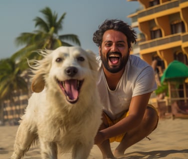 A man with his dog on a beach hotel in Mumbai.